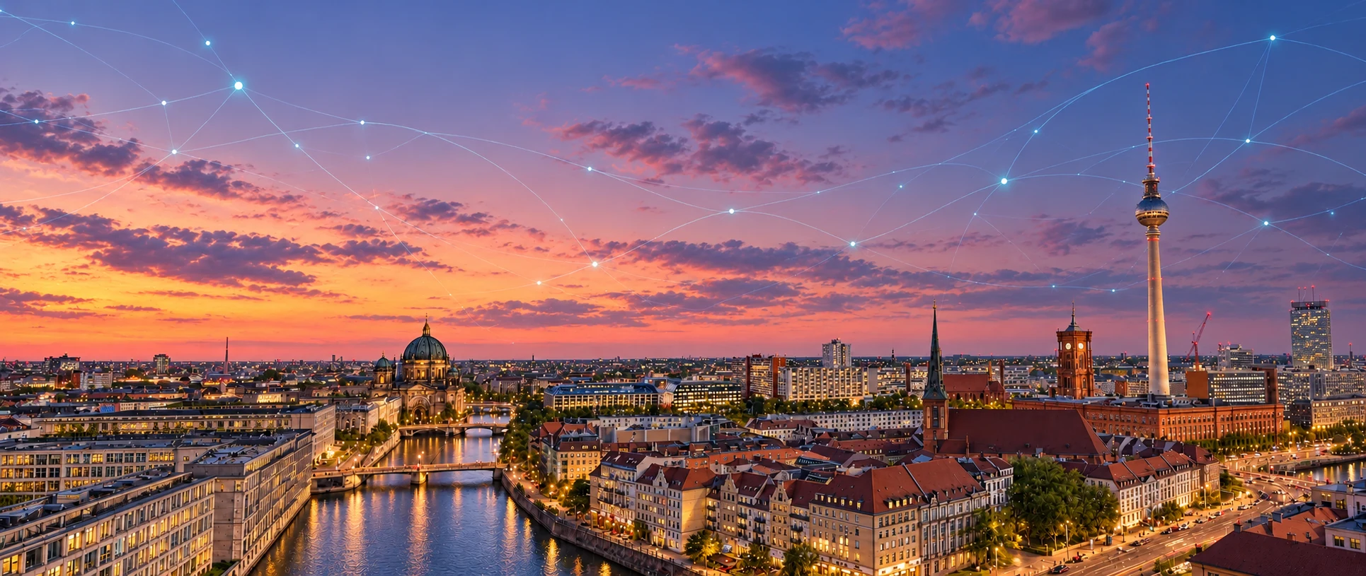 Berlin in der Dämmerung mit dezenten Neuronen und Netzwerkverbindungen