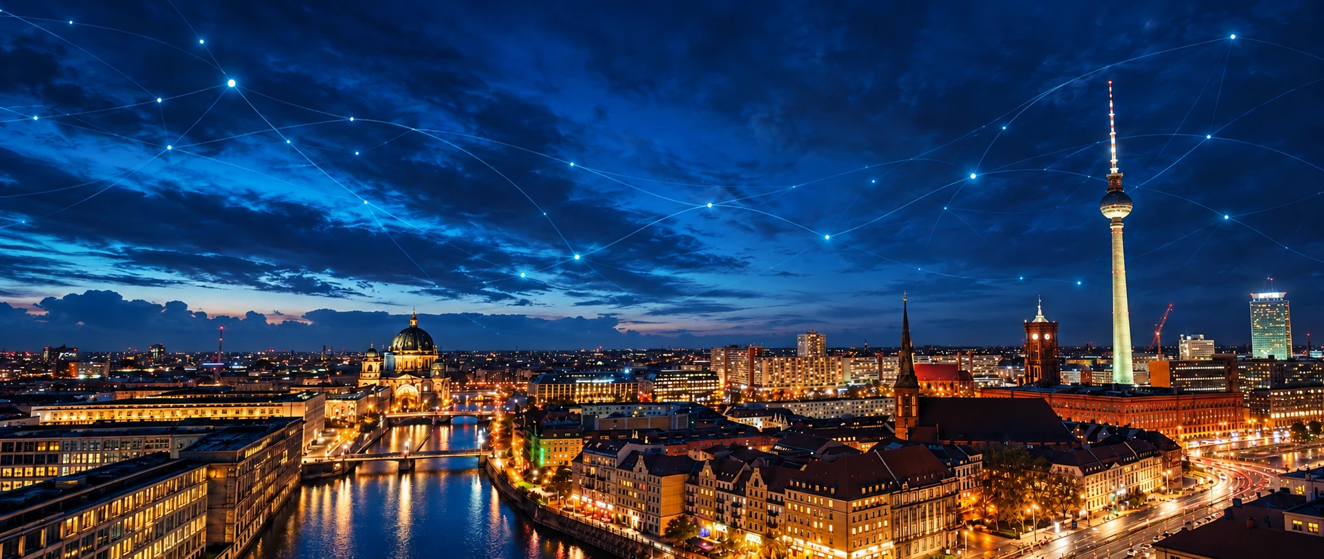 Berlin bei Nacht mit dezenten Neuronen und Netzwerkverbindungen
