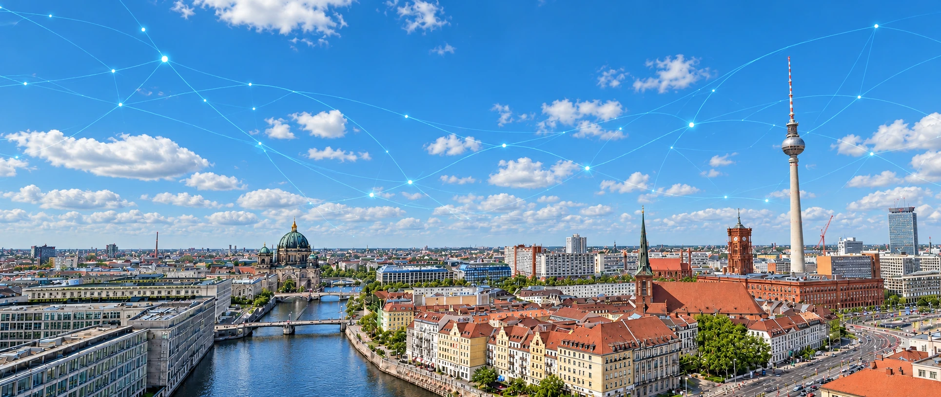 Berlin bei Tageslicht mit dezenten Neuronen und Netzwerkverbindungen